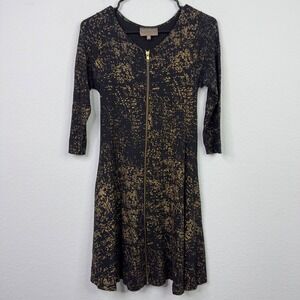 Bel Kazan Dress Women XS Black Gold Zip Front 3/4 Sleeve Boho Artsy Made in Bali